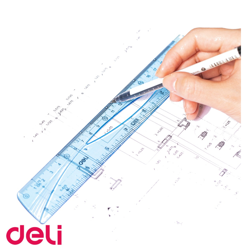 Rigla Deli 20 cm, plastic albastru transparent, gradatie cm si inch, usor de ridicat de pe birou [4]