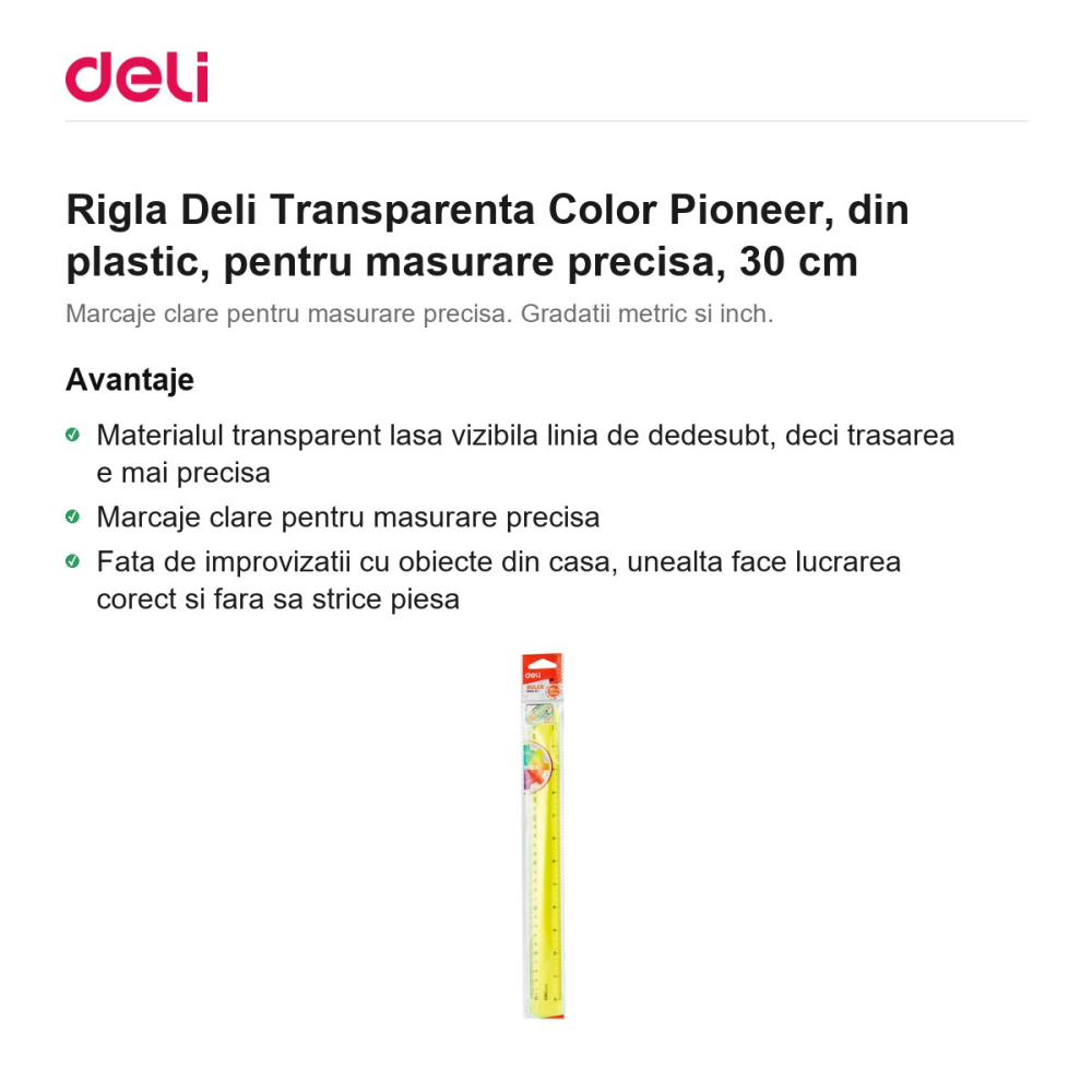 Rigla Deli Transparenta Color Pioneer, din plastic, pentru masurare precisa, 30 cm [2]