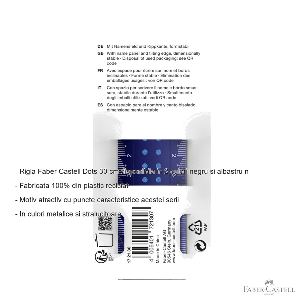 Rigla Faber-Castell Dots 30 cm, plastic reciclat, model cu puncte metalice, pentru scoala [2]