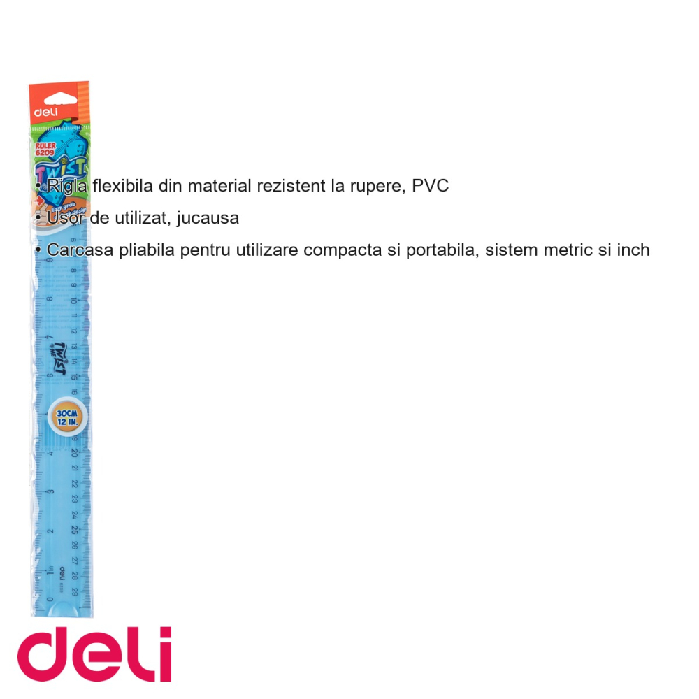 Rigla flexibila 30 cm Deli, PVC rezistent, sistem metric si inch, pentru scoala si birou [3]