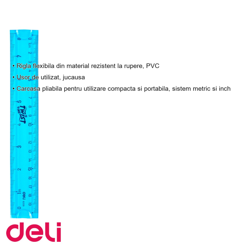 Rigla flexibila Deli 20 cm, material PVC rezistent, cu carcasa pliabila, sistem metric si inch, pentru scoala [3]