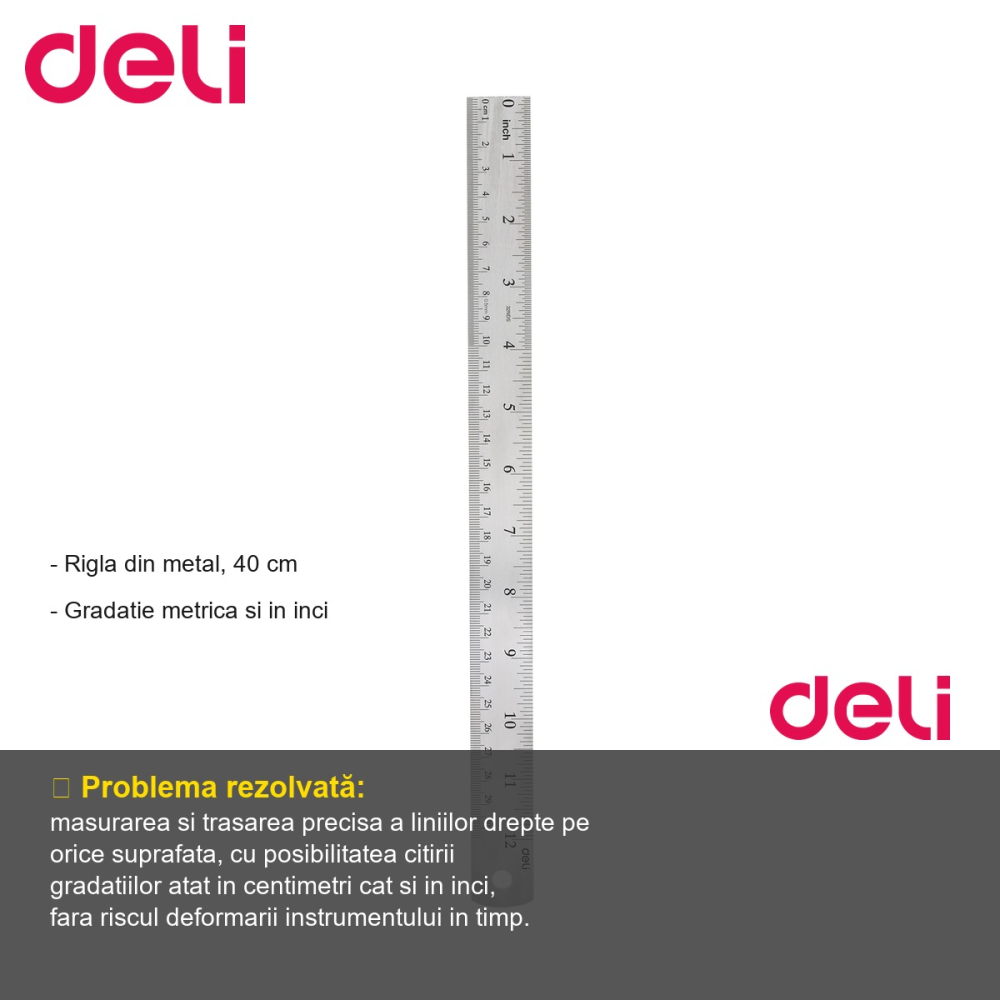 Rigla metalica Deli 40 cm, gradatie metrica si in inci, pentru desen tehnic si uz scolar [2]