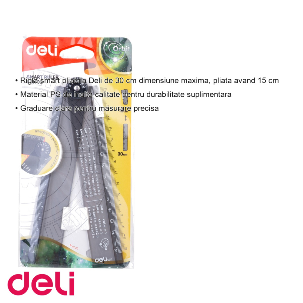 Rigla pliabila Deli Smart 30 cm, cu raportor integrat si formule matematice imprimate, pentru elevi [3]