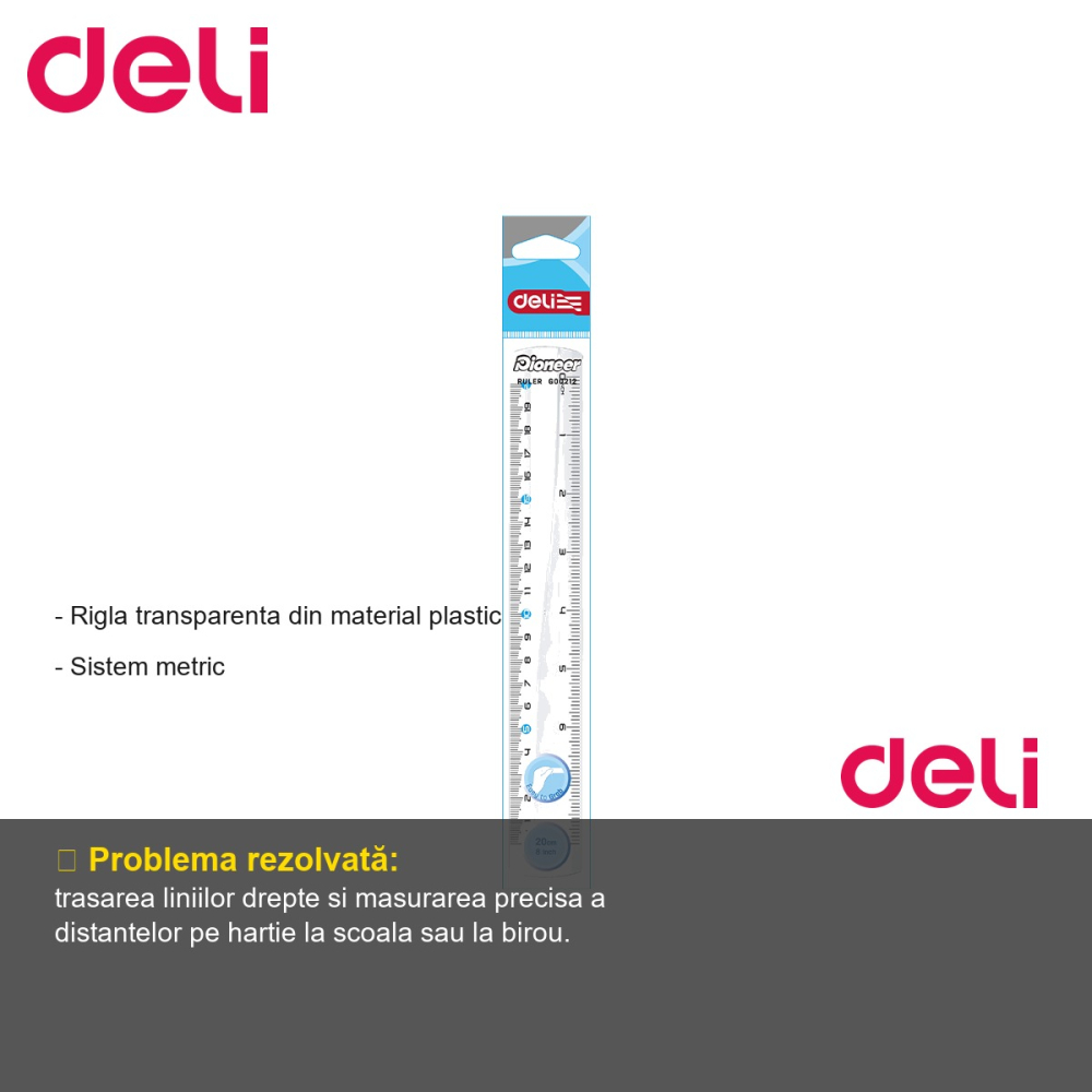 Rigla transparenta Deli 20 cm, plastic, sistem metric, pentru scoala si birou [2]
