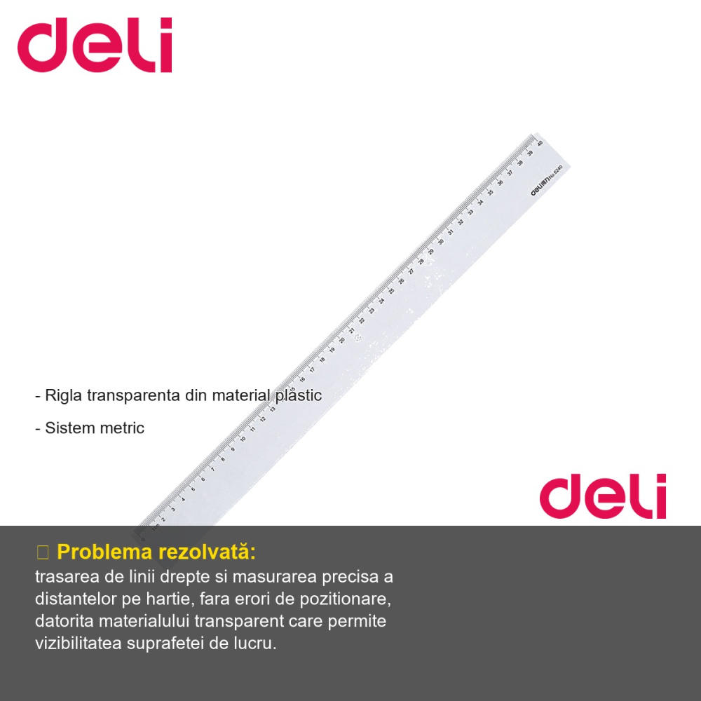 Rigla transparenta Deli 40 cm, plastic, sistem metric, pentru scoala si birou [2]