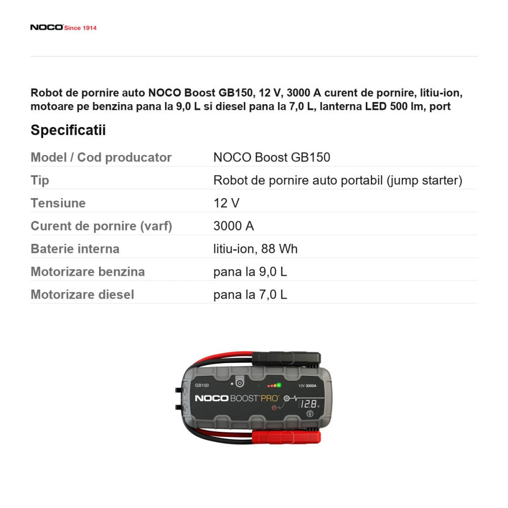 Robot de pornire auto NOCO Boost GB150, 12 V, 3000 A curent de pornire, litiu-ion, motoare pe benzina pana la 9,0 L si diesel pana la 7,0 L, lanterna LED 500 lm, port USB, IP65 [3]