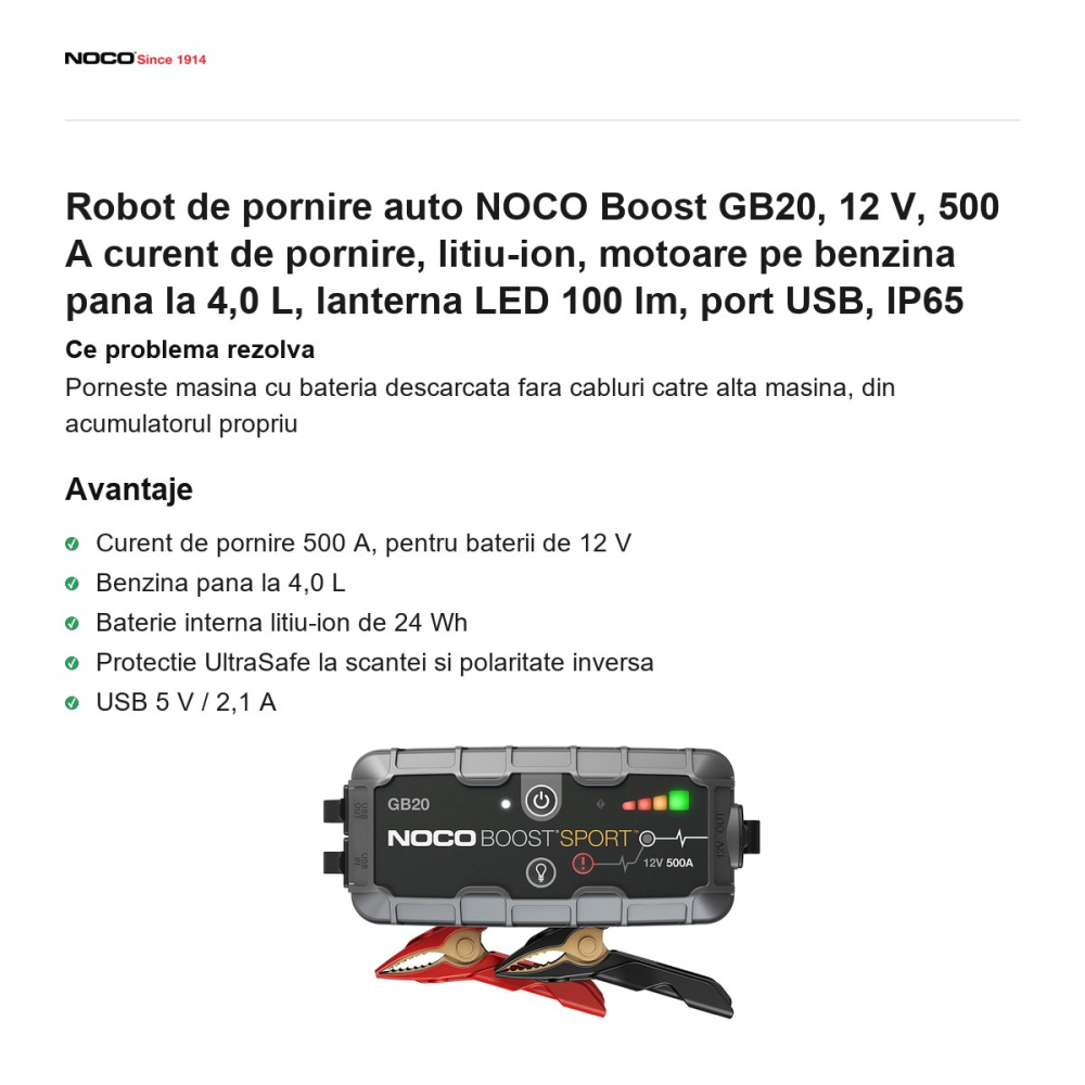 Robot de pornire auto NOCO Boost GB20, 12 V, 500 A curent de pornire, litiu-ion, motoare pe benzina pana la 4,0 L, lanterna LED 100 lm, port USB, IP65 [2]
