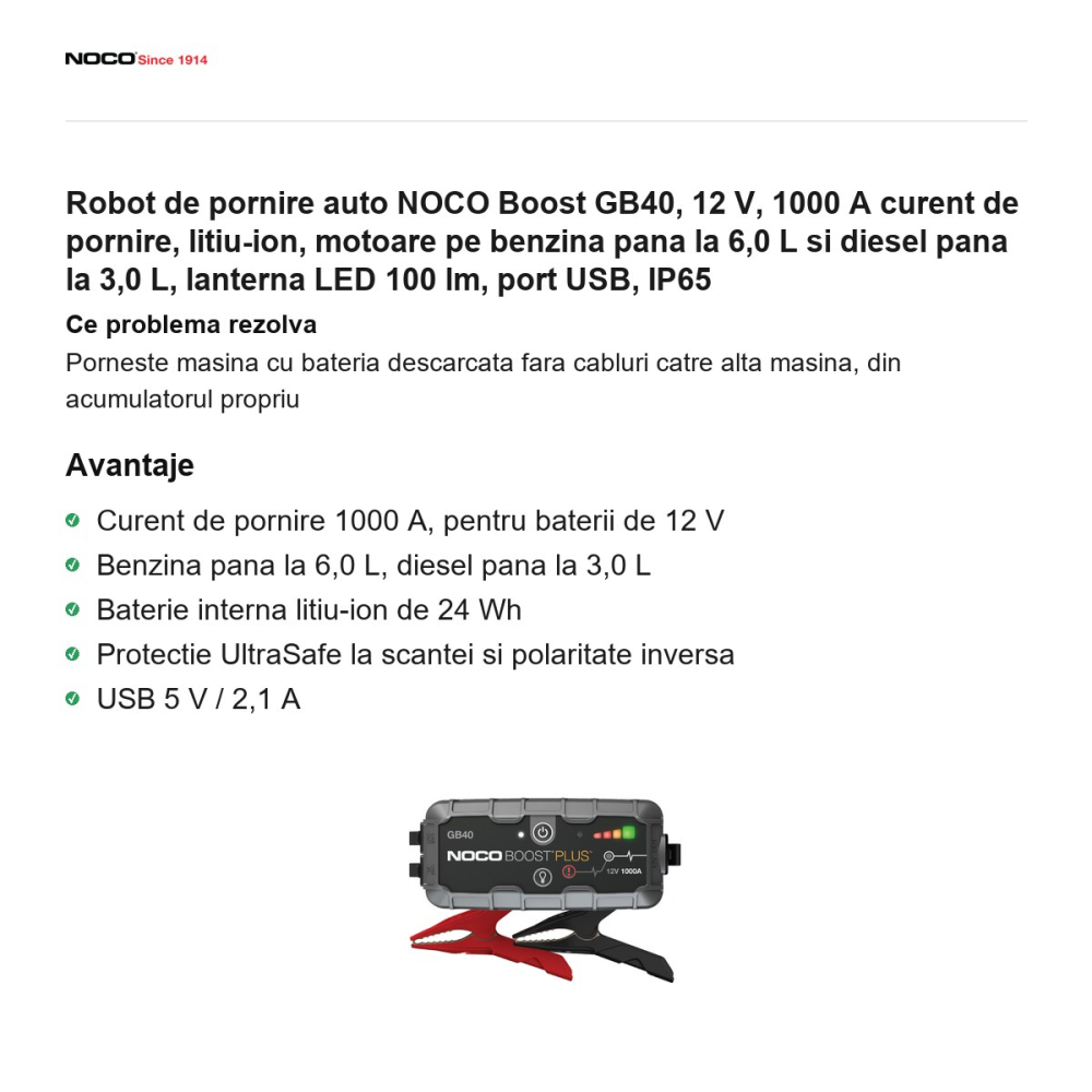 Robot de pornire auto NOCO Boost GB40, 12 V, 1000 A curent de pornire, litiu-ion, motoare pe benzina pana la 6,0 L si diesel pana la 3,0 L, lanterna LED 100 lm, port USB, IP65 [2]