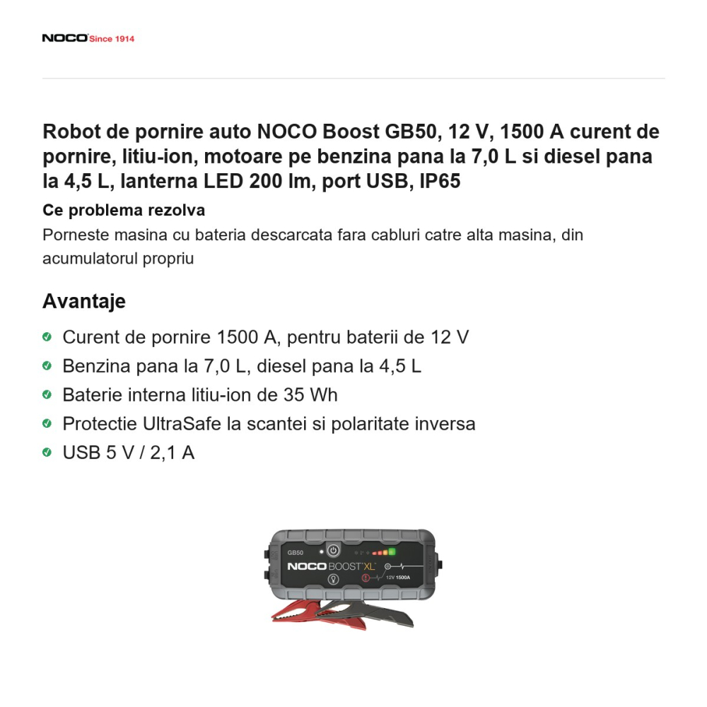 Robot de pornire auto NOCO Boost GB50, 12 V, 1500 A curent de pornire, litiu-ion, motoare pe benzina pana la 7,0 L si diesel pana la 4,5 L, lanterna LED 200 lm, port USB, IP65 [2]