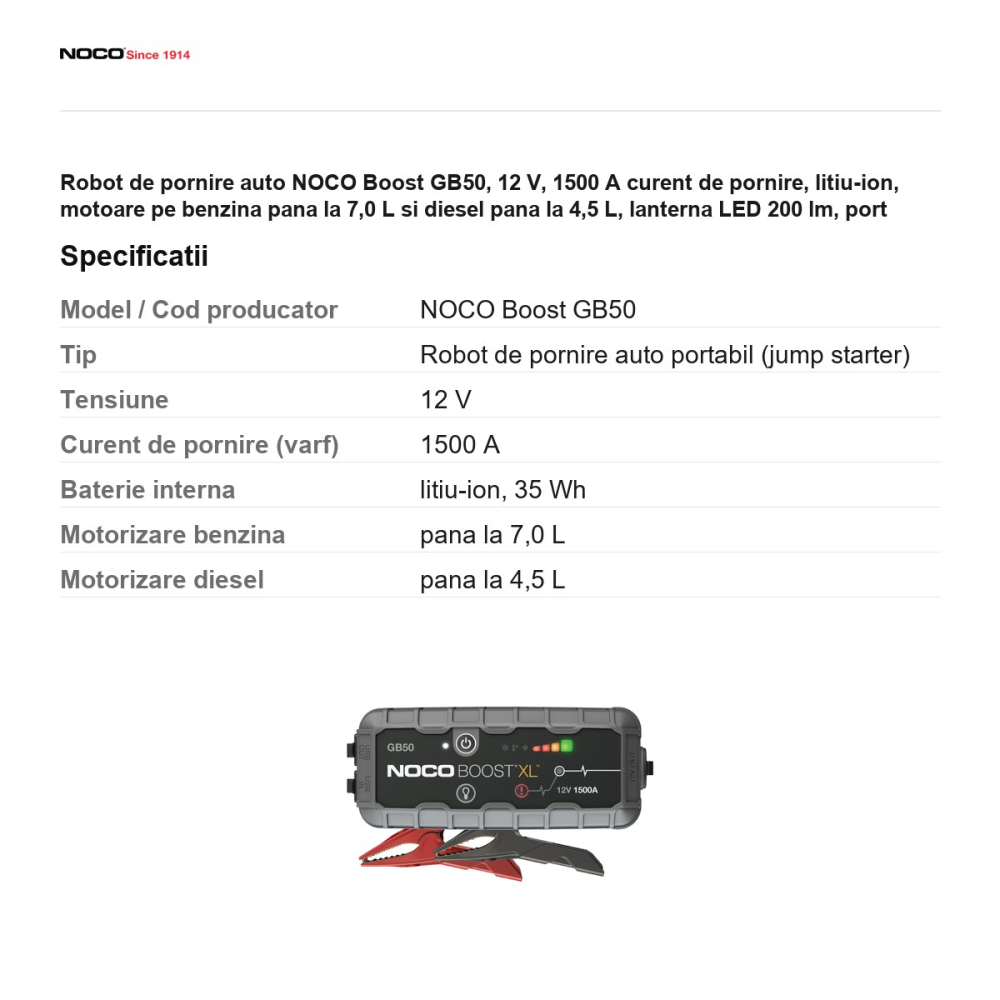 Robot de pornire auto NOCO Boost GB50, 12 V, 1500 A curent de pornire, litiu-ion, motoare pe benzina pana la 7,0 L si diesel pana la 4,5 L, lanterna LED 200 lm, port USB, IP65 [3]
