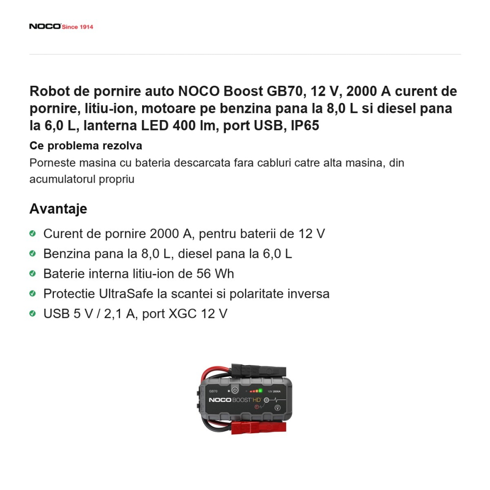 Robot de pornire auto NOCO Boost GB70, 12 V, 2000 A curent de pornire, litiu-ion, motoare pe benzina pana la 8,0 L si diesel pana la 6,0 L, lanterna LED 400 lm, port USB, IP65 [2]