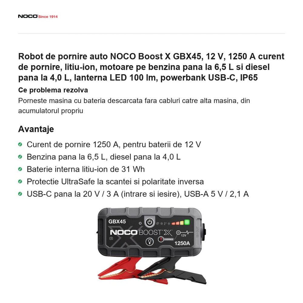 Robot de pornire auto NOCO Boost X GBX45, 12 V, 1250 A curent de pornire, litiu-ion, motoare pe benzina pana la 6,5 L si diesel pana la 4,0 L, lanterna LED 100 lm, powerbank USB-C, IP65 [2]