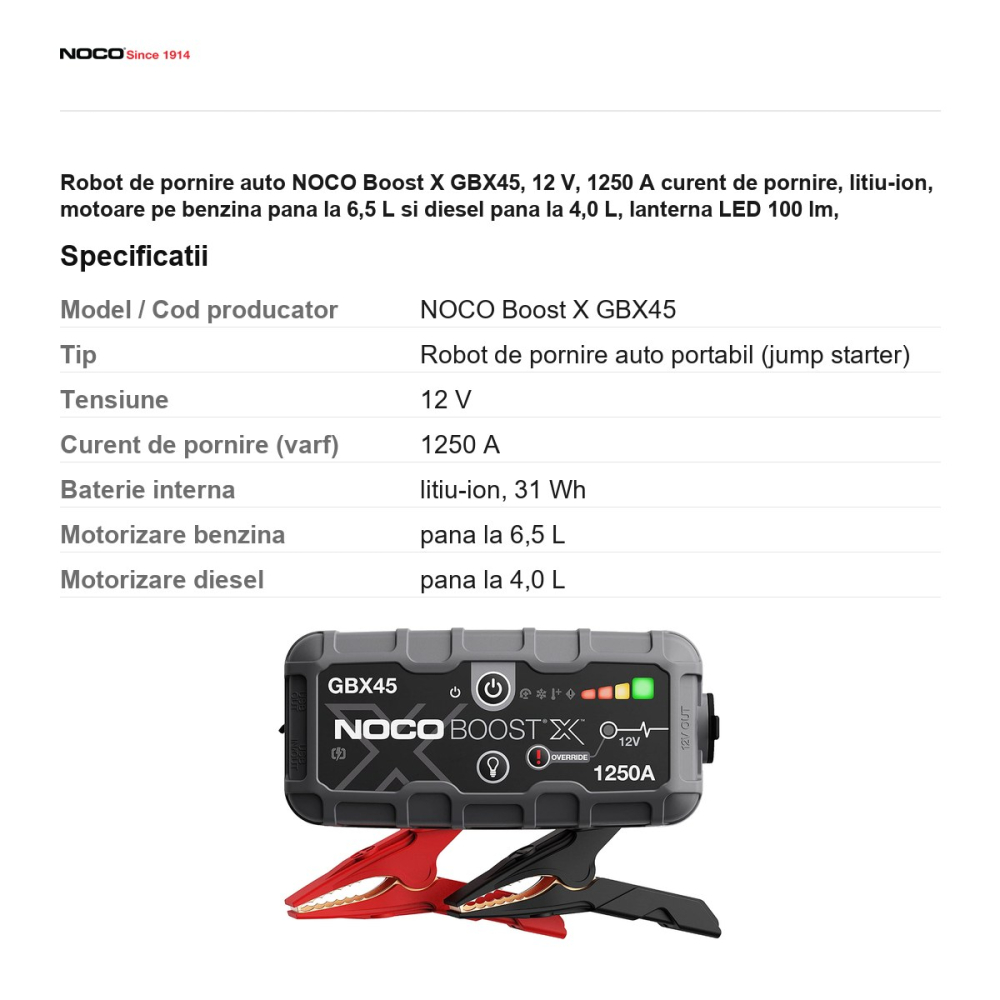 Robot de pornire auto NOCO Boost X GBX45, 12 V, 1250 A curent de pornire, litiu-ion, motoare pe benzina pana la 6,5 L si diesel pana la 4,0 L, lanterna LED 100 lm, powerbank USB-C, IP65 [3]