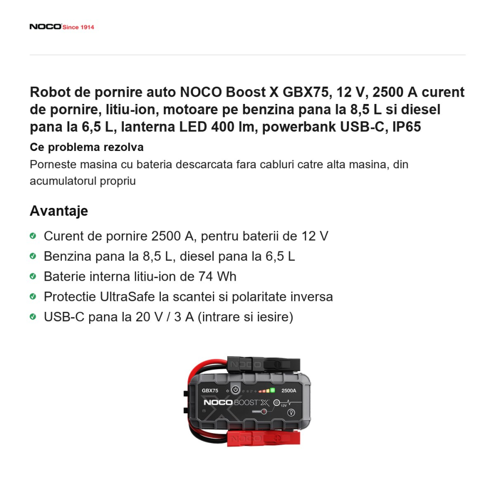 Robot de pornire auto NOCO Boost X GBX75, 12 V, 2500 A curent de pornire, litiu-ion, motoare pe benzina pana la 8,5 L si diesel pana la 6,5 L, lanterna LED 400 lm, powerbank USB-C, IP65 [2]