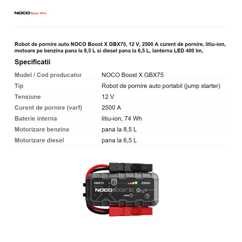 Robot de pornire auto NOCO Boost X GBX75, 12 V, 2500 A curent de pornire, litiu-ion, motoare pe benzina pana la 8,5 L si diesel pana la 6,5 L, lanterna LED 400 lm, powerbank USB-C, IP65 [3]