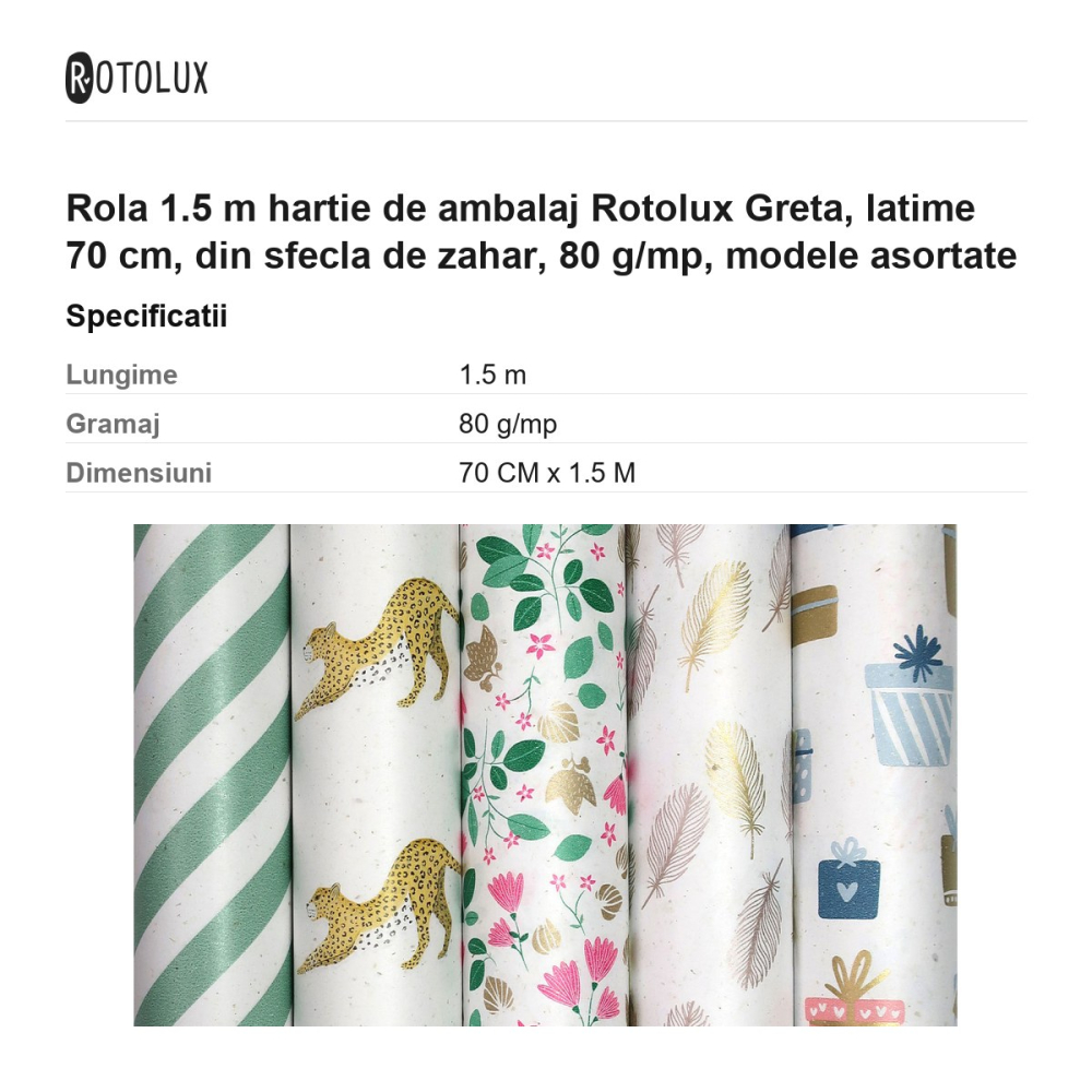 Rola 1.5 m hartie de ambalaj Rotolux Greta, latime 70 cm, din sfecla de zahar, 80 g/mp, modele asortate [3]