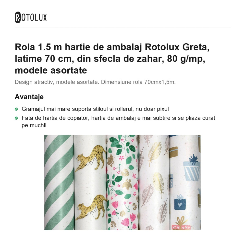 Rola 1.5 m hartie de ambalaj Rotolux Greta, latime 70 cm, din sfecla de zahar, 80 g/mp, modele asortate [2]