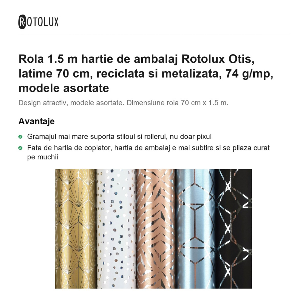 Rola 1.5 m hartie de ambalaj Rotolux Otis, latime 70 cm, reciclata si metalizata, 74 g/mp, modele asortate [2]