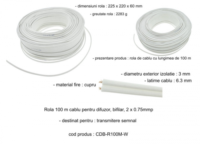 Rola 100 m cablu pentru difuzor, bifilar, 2 x 0.75mmp, alb [4]