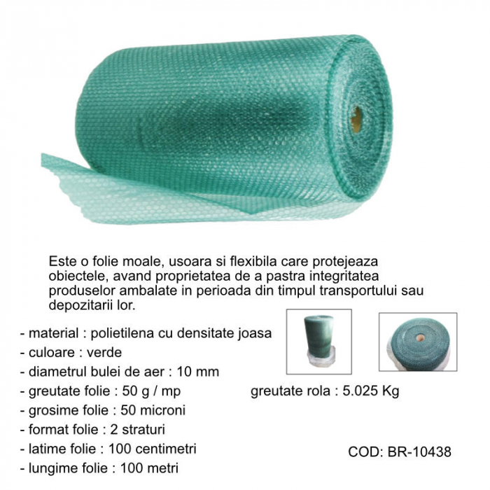 Rola 100 m de folie cu bule de aer, latime 100 cm, 50 g / mp, pentru ambalare si protectie, verde [5]