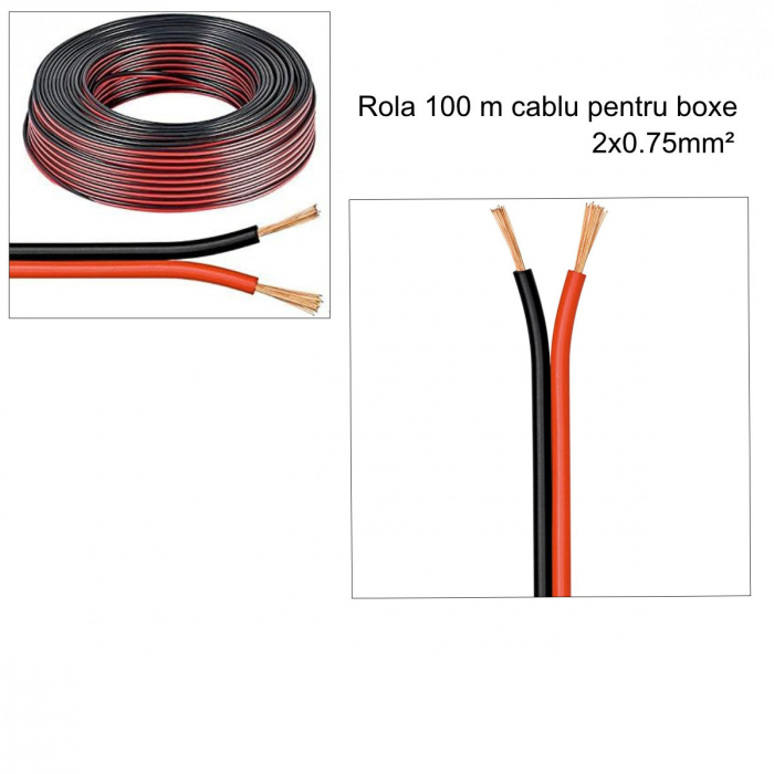 Rola 100 metri cablu pentru difuzoare si boxe, diametru 2 x 0.75 mm, rosu cu negru [3]