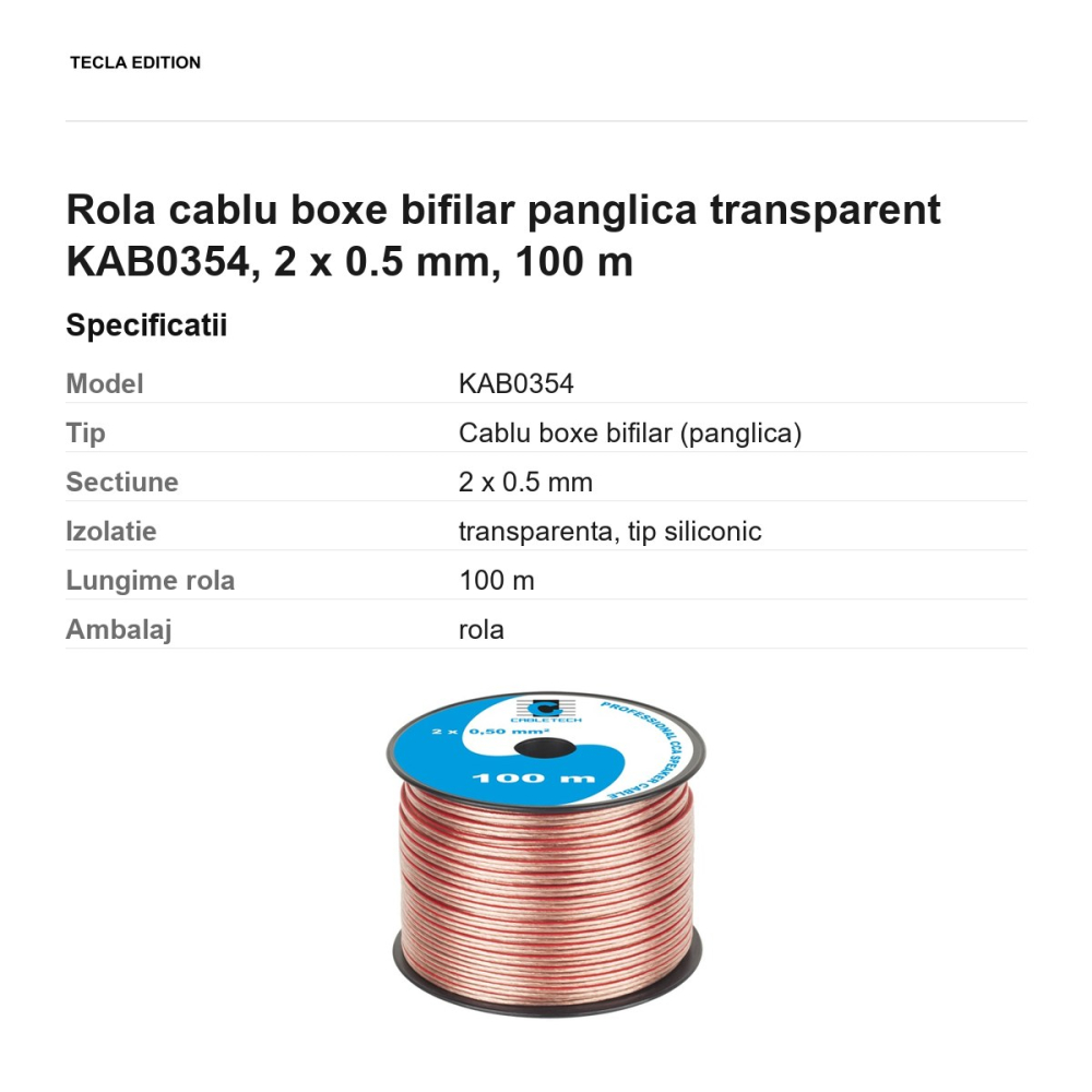 Rola 100m cablu boxe bifilar panglica transparent KAB0354, 2 x 0.5 mm [3]