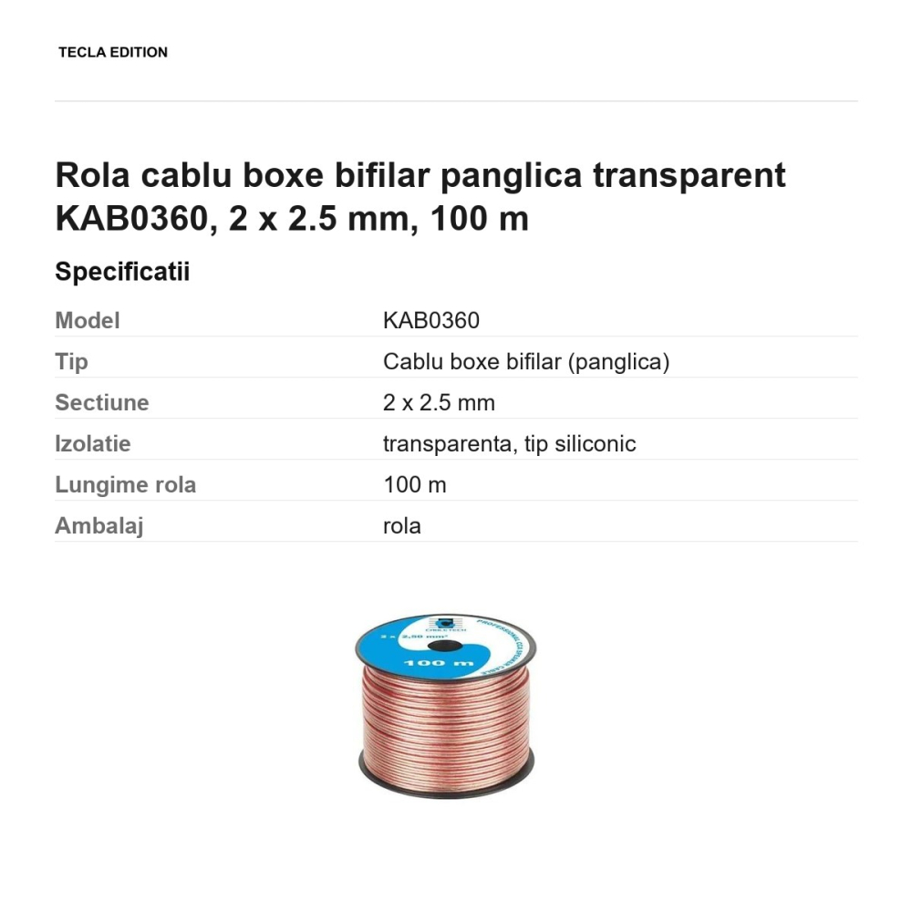 Rola 100m cablu boxe bifilar panglica transparent KAB0360, 2 x 2.5 mm [3]