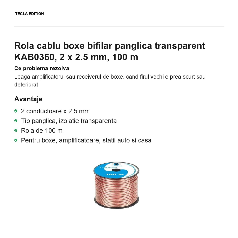 Rola 100m cablu boxe bifilar panglica transparent KAB0360, 2 x 2.5 mm [2]