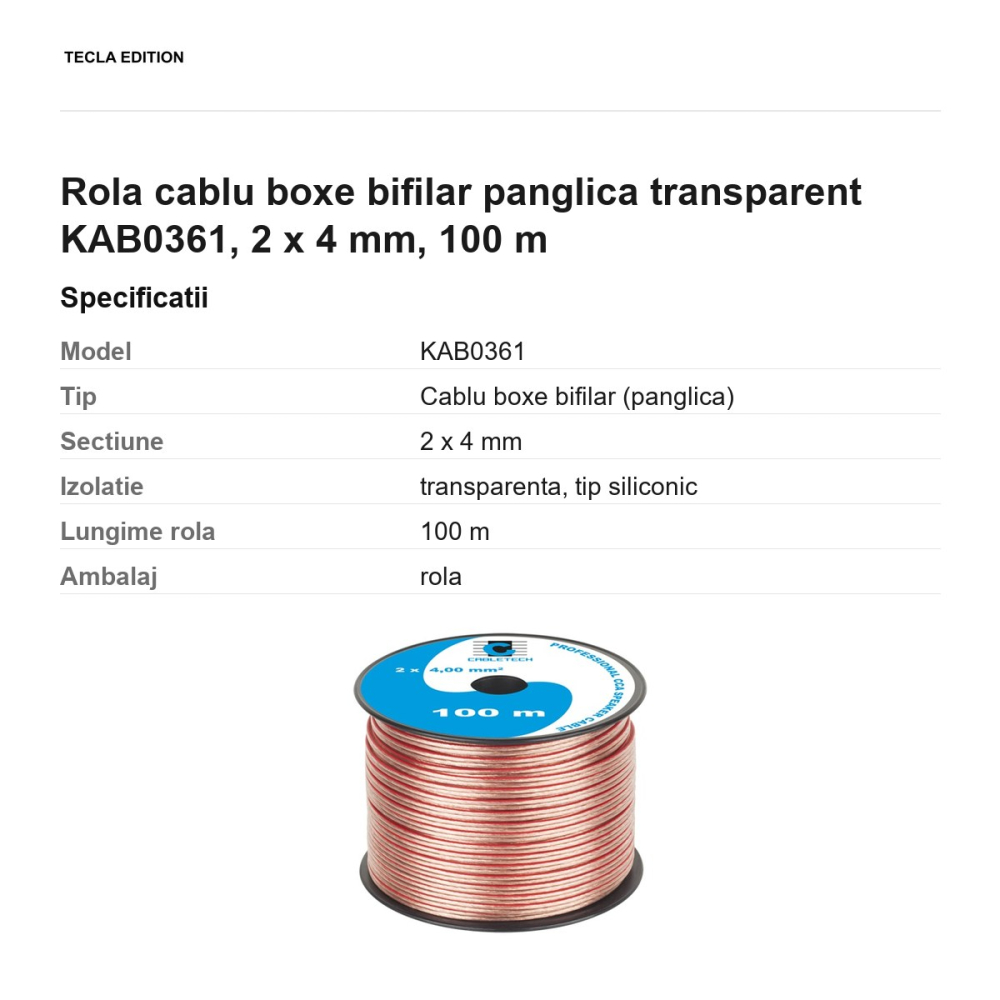Rola 100m cablu boxe bifilar panglica transparent KAB0361, 2 x 4 mm [3]