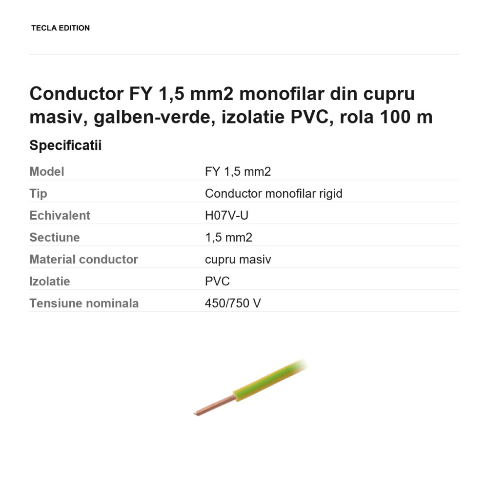 Rola 100m cablu conductor FY 1,5 mm2 monofilar din cupru masiv, galben-verde, izolatie PVC [3]