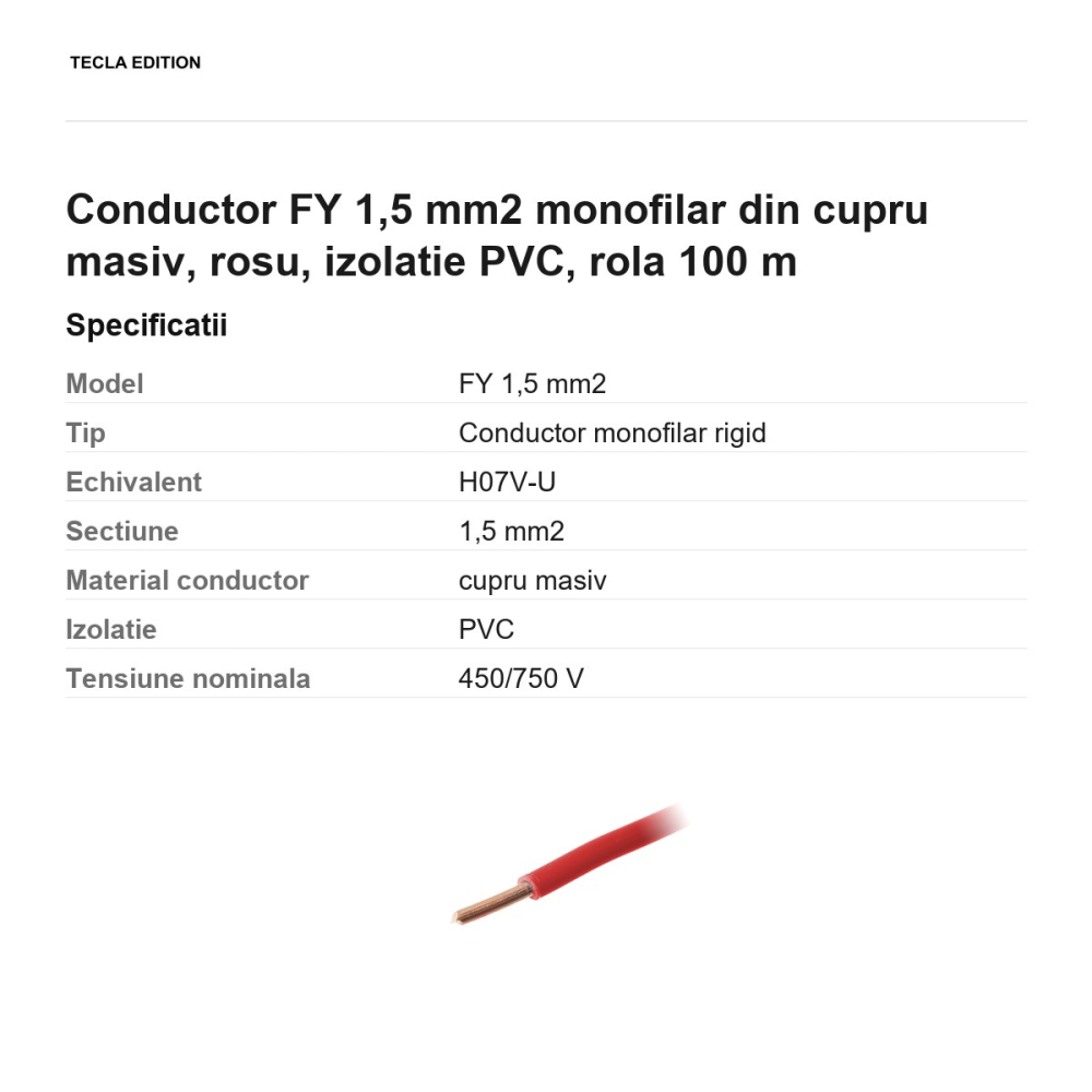 Rola 100m cablu conductor FY 1,5 mm2 monofilar din cupru masiv, rosu, izolatie PVC [3]