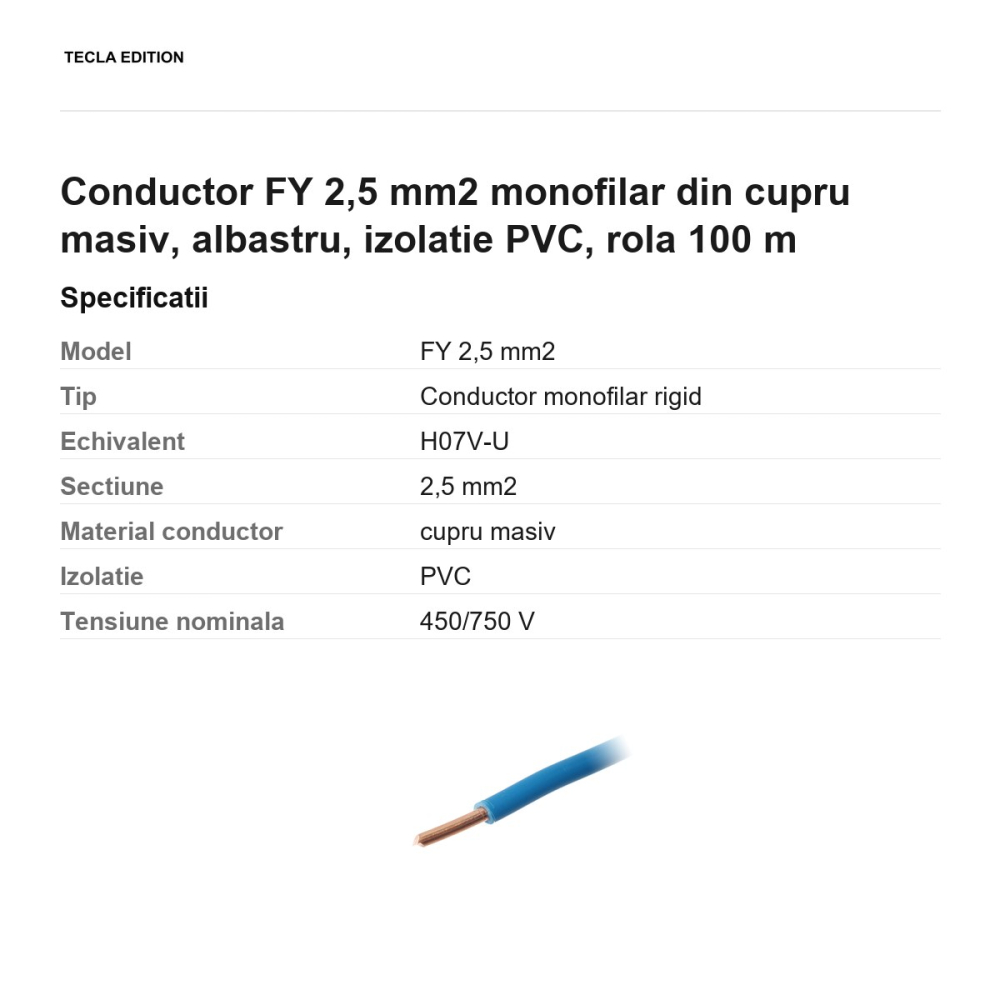 Rola 100m cablu conductor FY 2,5 mm2 monofilar din cupru masiv, albastru, izolatie PVC [3]