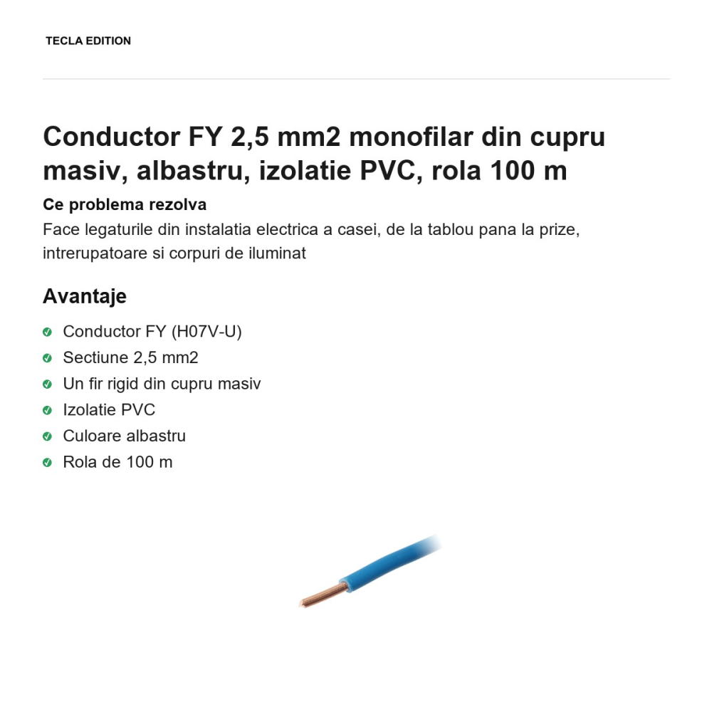 Rola 100m cablu conductor FY 2,5 mm2 monofilar din cupru masiv, albastru, izolatie PVC [2]