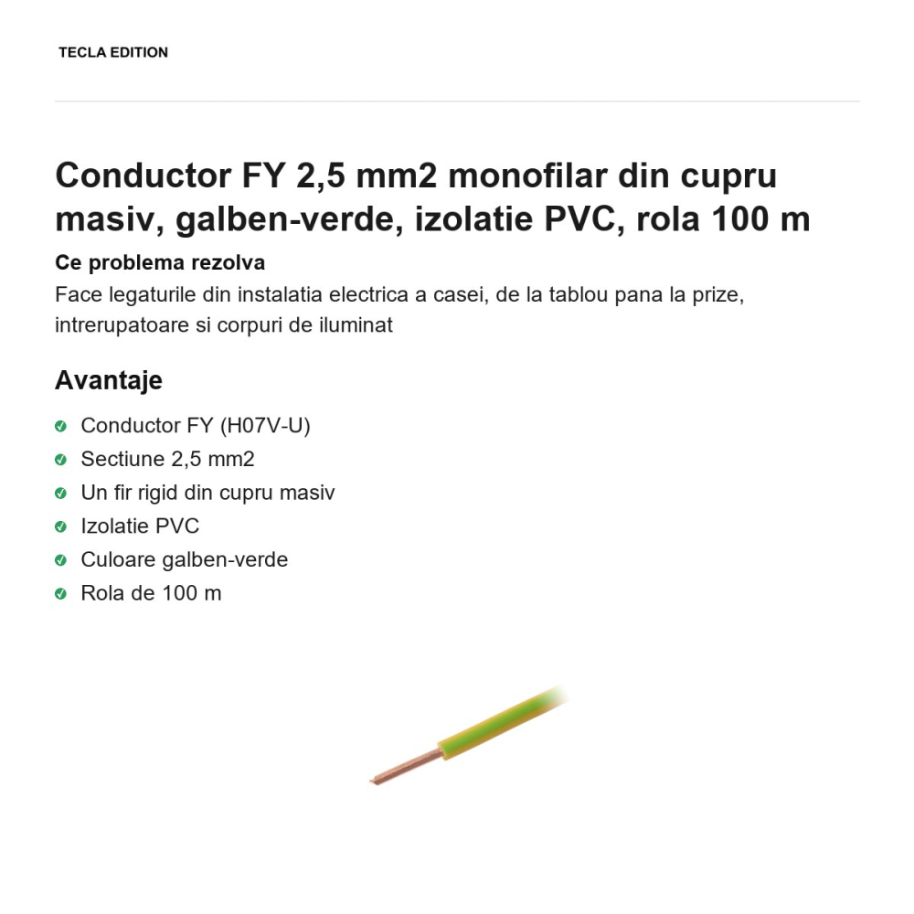 Rola 100m cablu conductor FY 2,5 mm2 monofilar din cupru masiv, galben-verde, izolatie PVC [2]