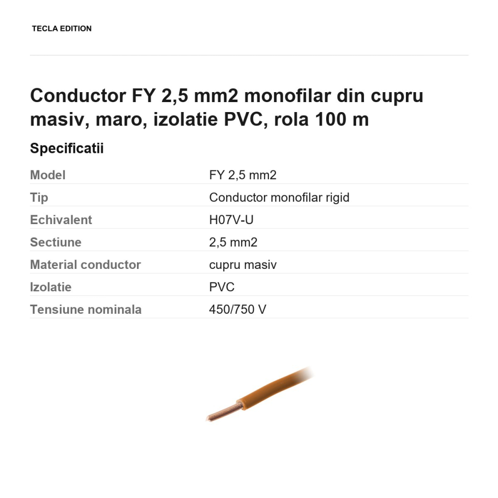 Rola 100m cablu conductor FY 2,5 mm2 monofilar din cupru masiv, maro, izolatie PVC [3]