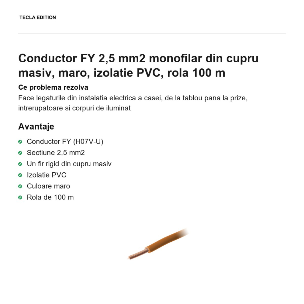 Rola 100m cablu conductor FY 2,5 mm2 monofilar din cupru masiv, maro, izolatie PVC [2]