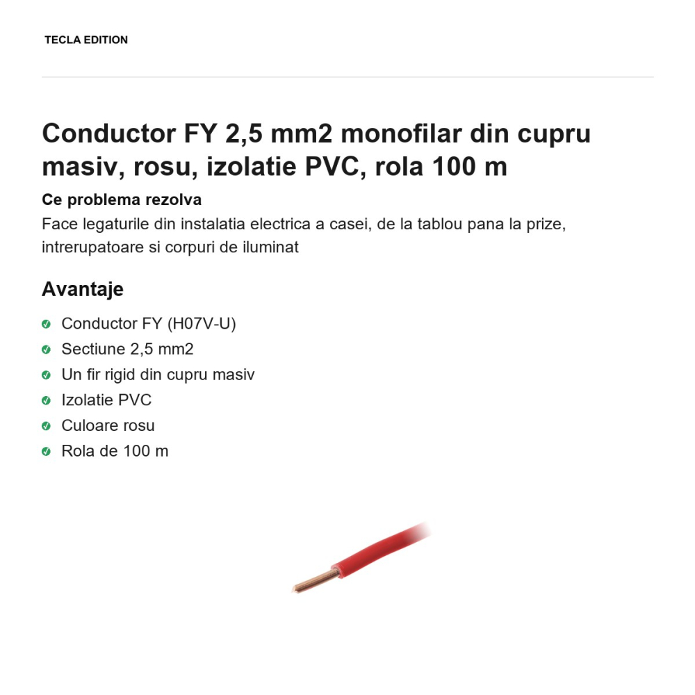 Rola 100m cablu conductor FY 2,5 mm2 monofilar din cupru masiv, rosu, izolatie PVC [2]