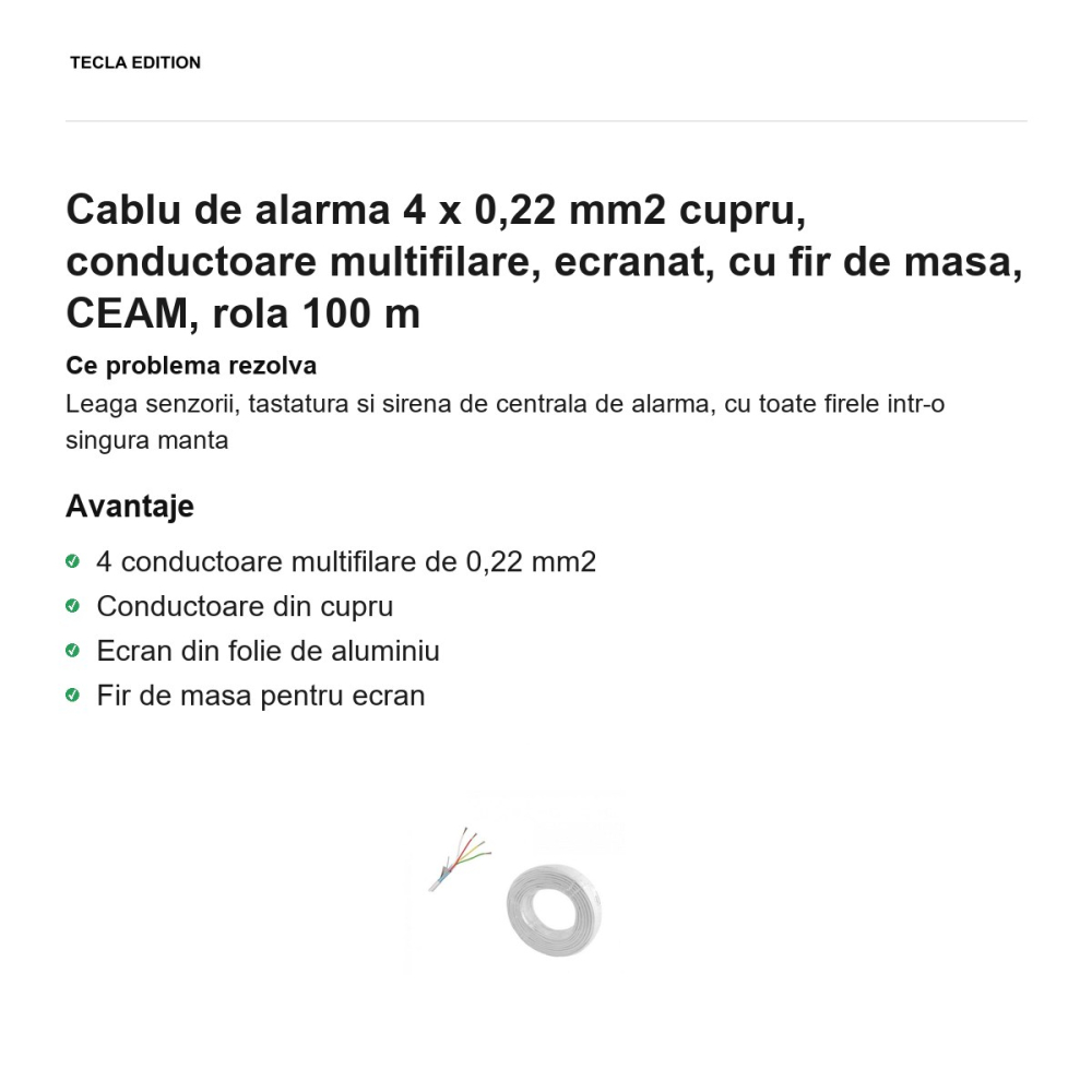 Rola 100m cablu de alarma 4 x 0,22 mm2 cupru, conductoare multifilare, ecranat, cu fir de masa, CEAM [2]