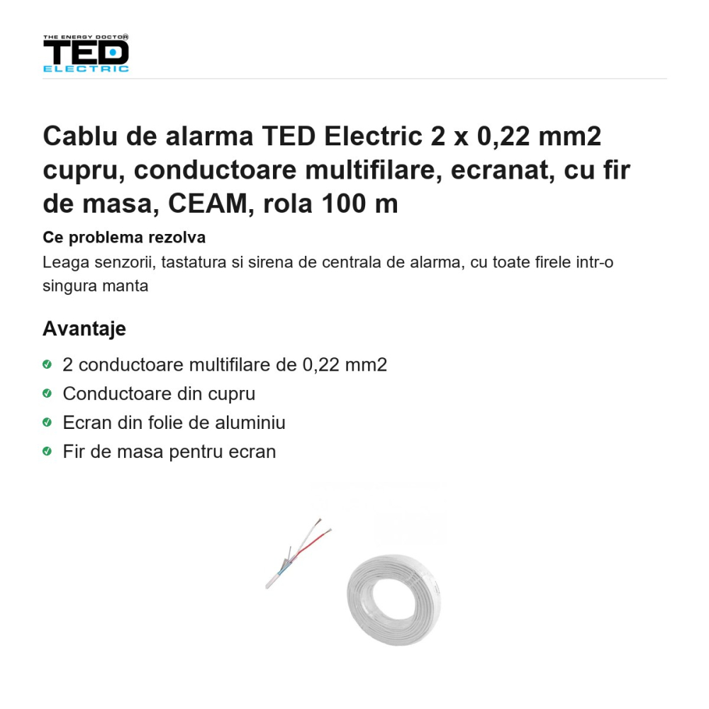Rola 100m cablu de alarma TED Electric 2 x 0,22 mm2 cupru, conductoare multifilare, ecranat, cu fir de masa, CEAM [2]