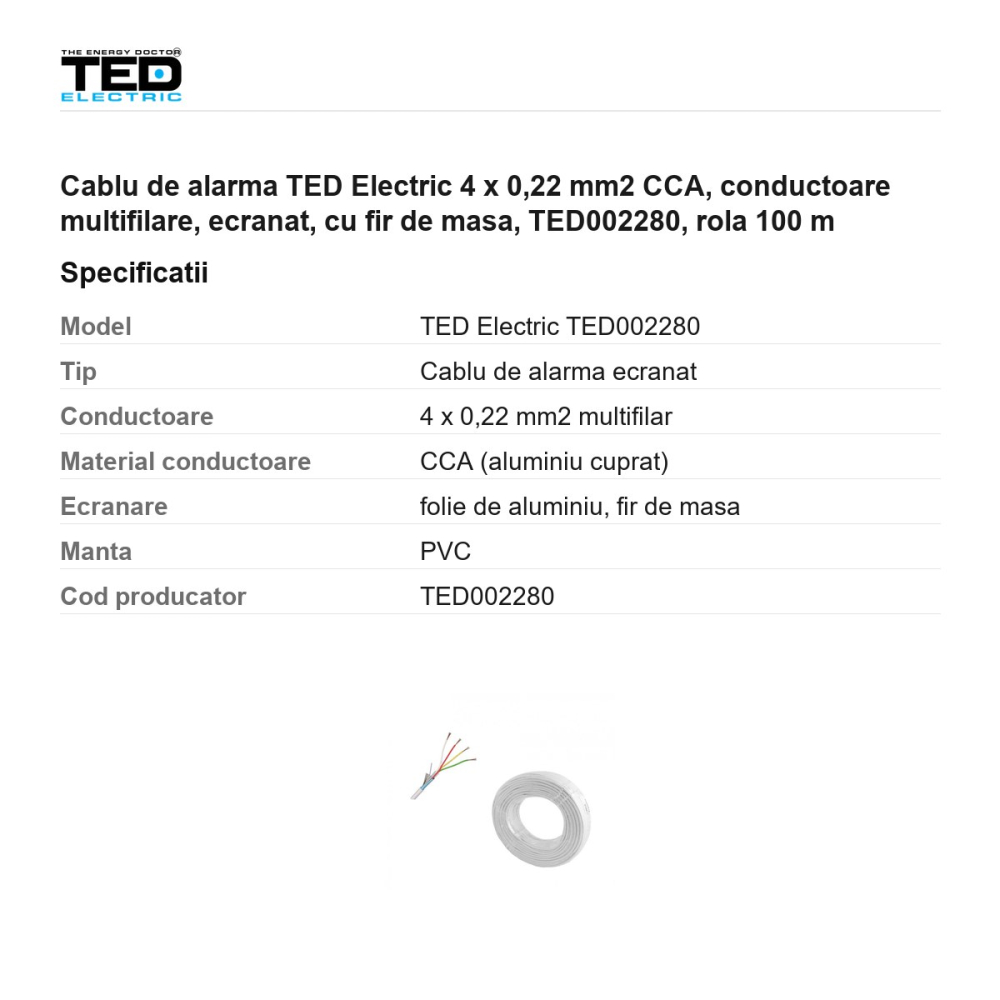Rola 100m cablu de alarma TED Electric 4 x 0,22 mm2 CCA, conductoare multifilare, ecranat, cu fir de masa, TED002280 [3]