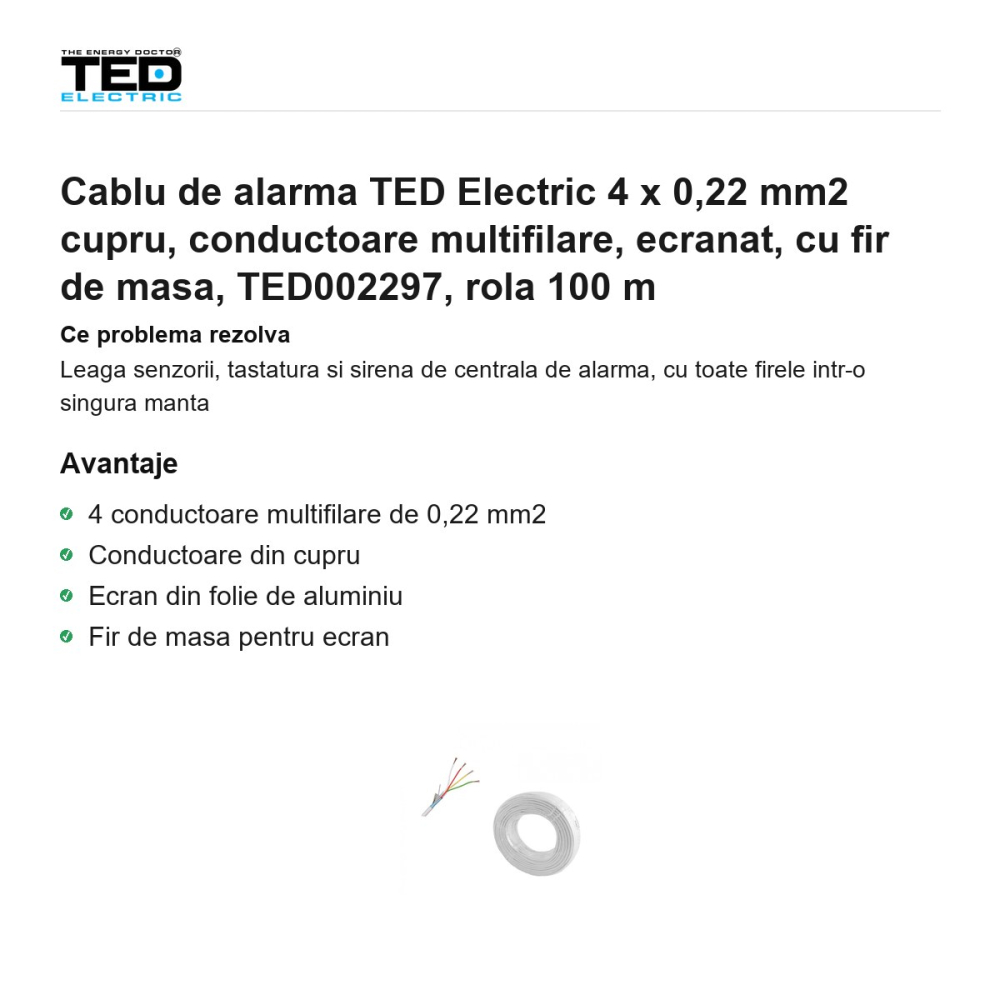 Rola 100m cablu de alarma TED Electric 4 x 0,22 mm2 cupru, conductoare multifilare, ecranat, cu fir de masa, TED002297 [2]