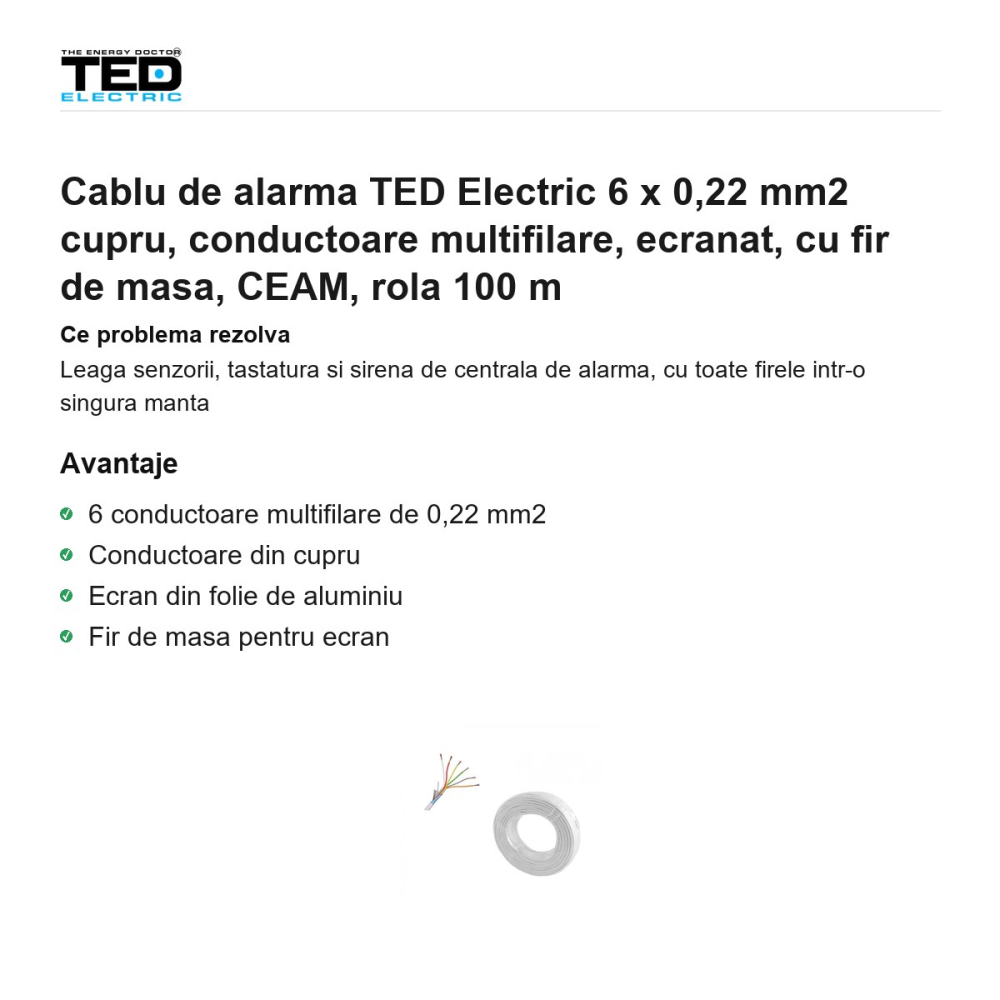 Rola 100m cablu de alarma TED Electric 6 x 0,22 mm2 cupru, conductoare multifilare, ecranat, cu fir de masa, CEAM [2]