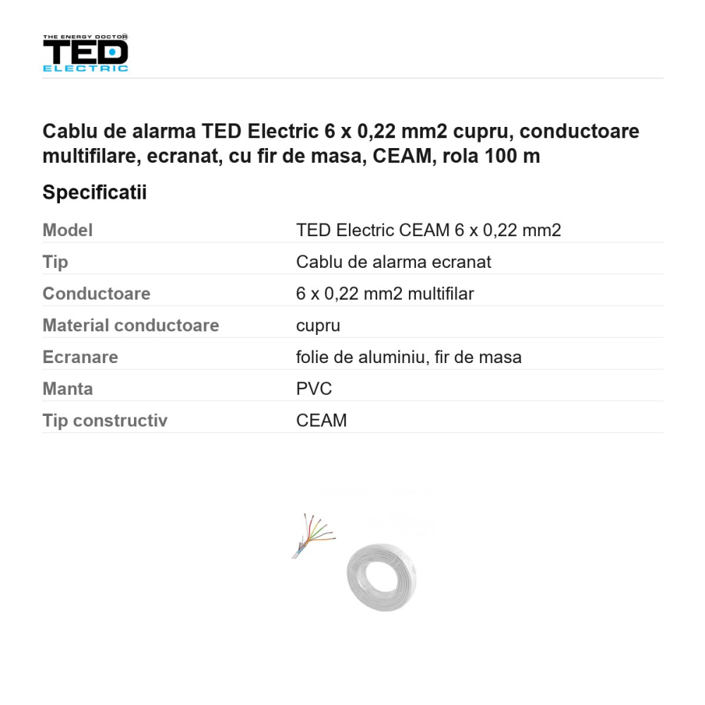 Rola 100m cablu de alarma TED Electric 6 x 0,22 mm2 cupru, conductoare multifilare, ecranat, cu fir de masa, CEAM [3]
