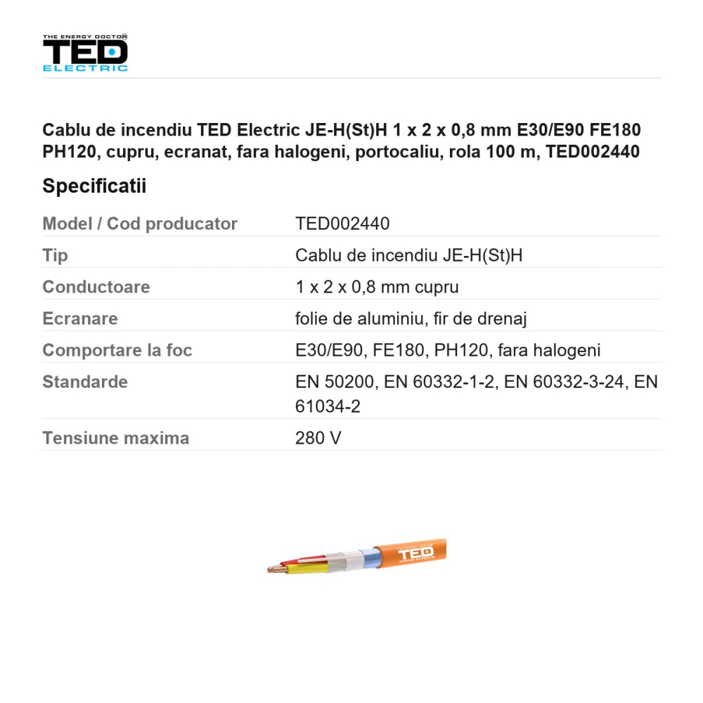 Rola 100m cablu de incendiu TED Electric JE-H(St)H 1 x 2 x 0,8 mm E30/E90 FE180 PH120, cupru, ecranat, fara halogeni, portocaliu, TED002440 [3]