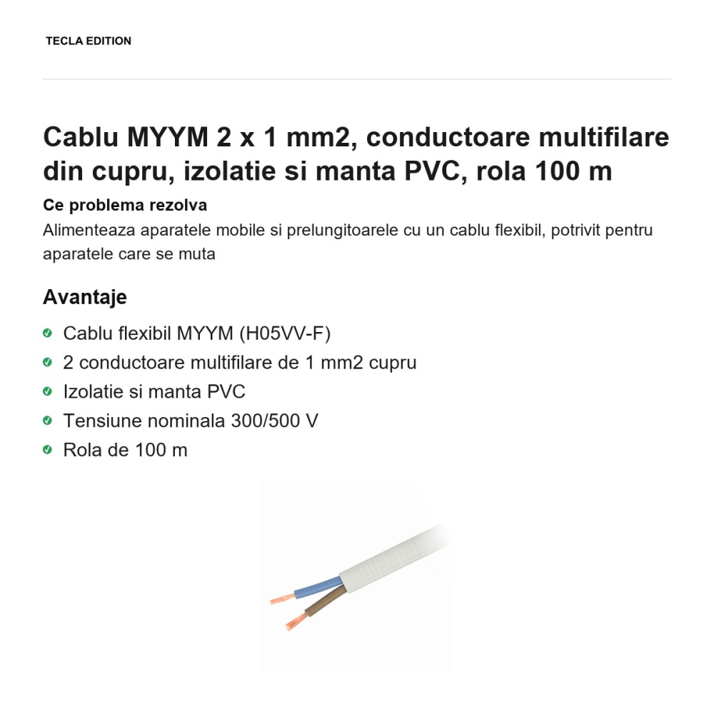 Rola 100m cablu MYYM 2 x 1 mm2, conductoare multifilare din cupru, izolatie si manta PVC [2]