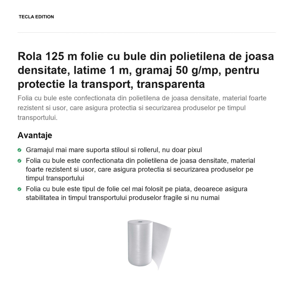 Rola 125 m folie cu bule din polietilena de joasa densitate, latime 1 m, gramaj 50 g/mp, pentru protectie la transport, transparenta [2]