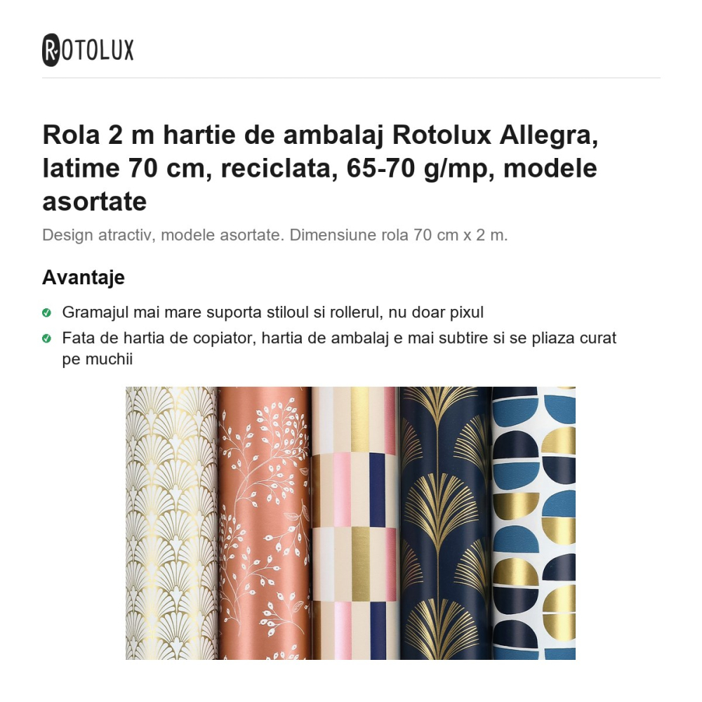 Rola 2 m hartie de ambalaj Rotolux Allegra, latime 70 cm, reciclata, 65-70 g/mp, modele asortate [2]