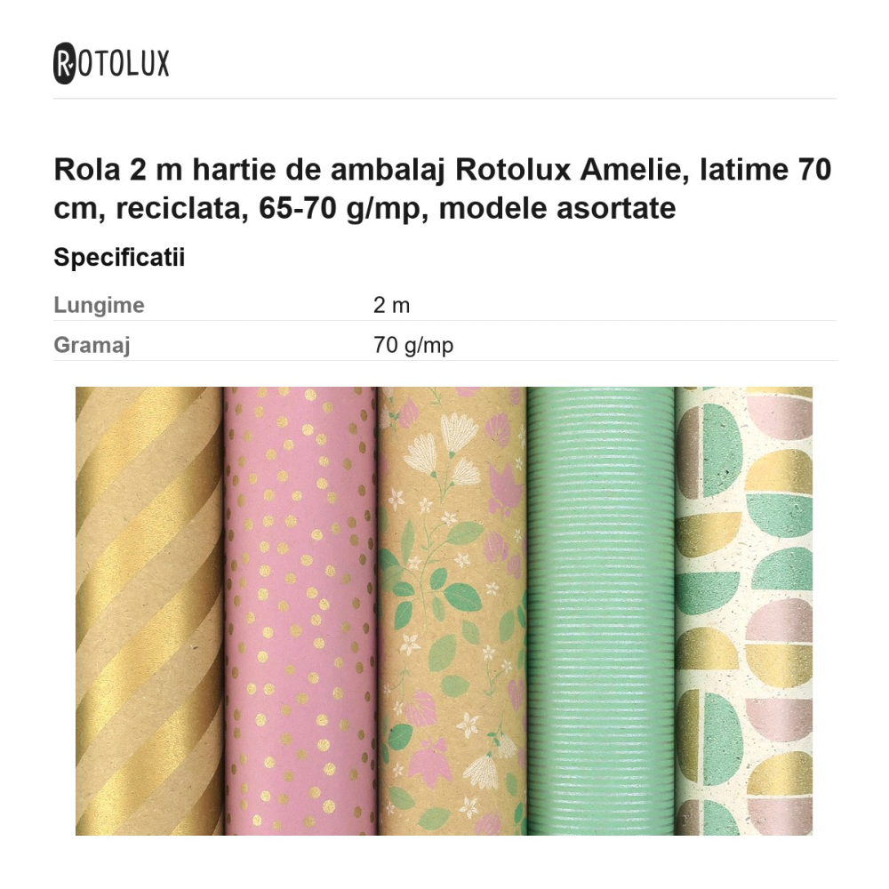 Rola 2 m hartie de ambalaj Rotolux Amelie, latime 70 cm, reciclata, 65-70 g/mp, modele asortate [3]