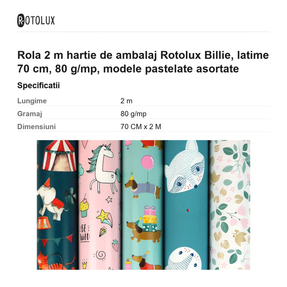 Rola 2 m hartie de ambalaj Rotolux Billie, latime 70 cm, 80 g/mp, modele pastelate asortate [3]