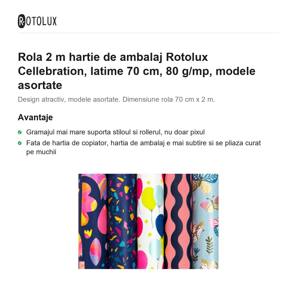 Rola 2 m hartie de ambalaj Rotolux Cellebration, latime 70 cm, 80 g/mp, modele asortate [2]
